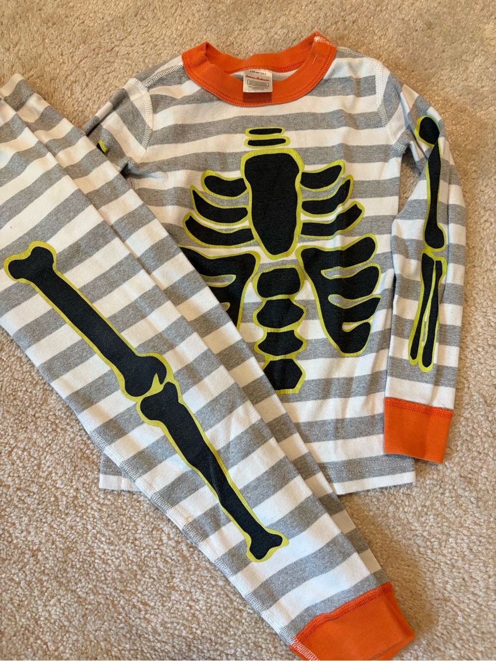 Gray & White Striped Kids Skeleton Pajama Set with Orange Trim